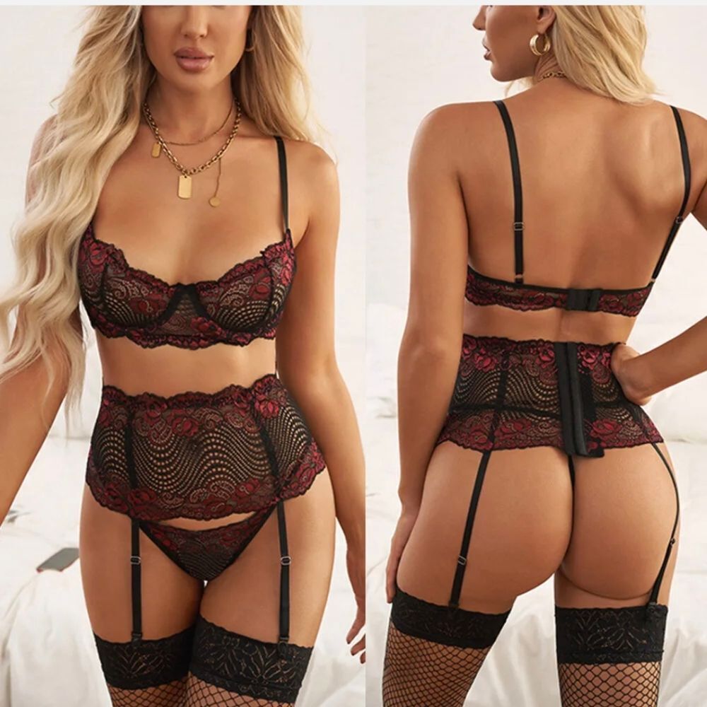 Sexy Floral Lace Underwire Push Up Garter Lingerie Set Belt Bra & Panty 3 Piece
